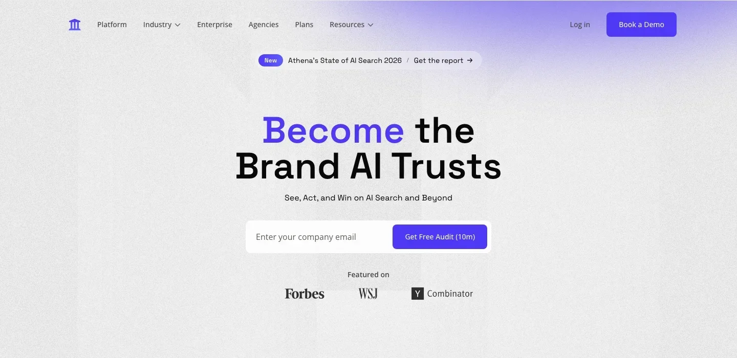 AthenaHQ homepage with the claim Become the Brand AI Trusts and an email field for a free ten-minute audit