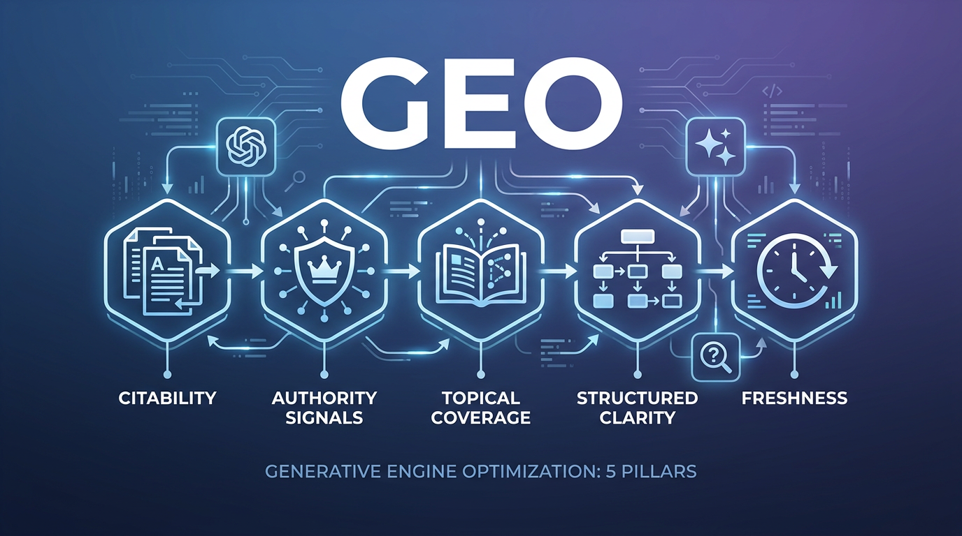 Infografik: Die fünf Säulen der Generative Engine Optimization — Zitierbarkeit, Autoritätssignale, thematische Abdeckung, strukturelle Klarheit, Aktualität