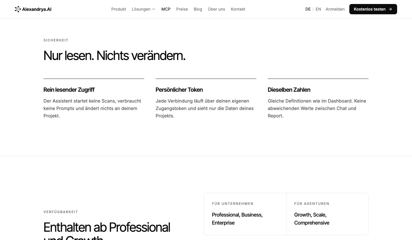 Abschnitt Sicherheit der MCP-Seite von Alexandrya.AI mit rein lesendem Zugriff, persönlichem Token und denselben Zahlen wie im Dashboard
