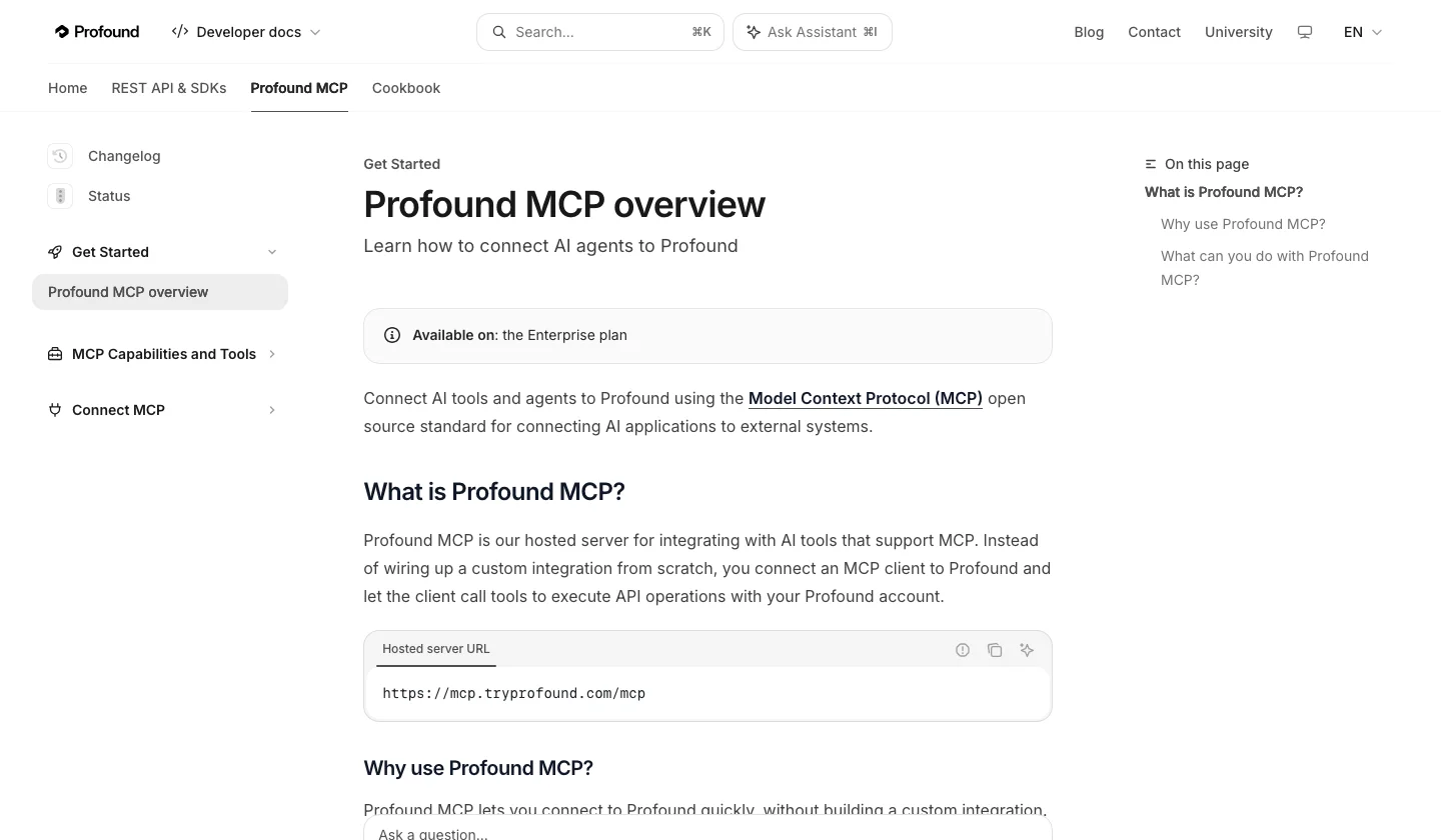 Profound MCP documentation page noting availability on the Enterprise plan and showing the hosted server URL