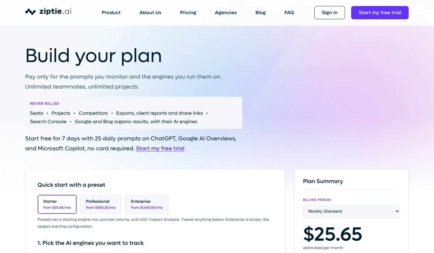 ZipTie pricing page with plan builder, a starting price of $25.65 and a note of one US cent per prompt, engine and check