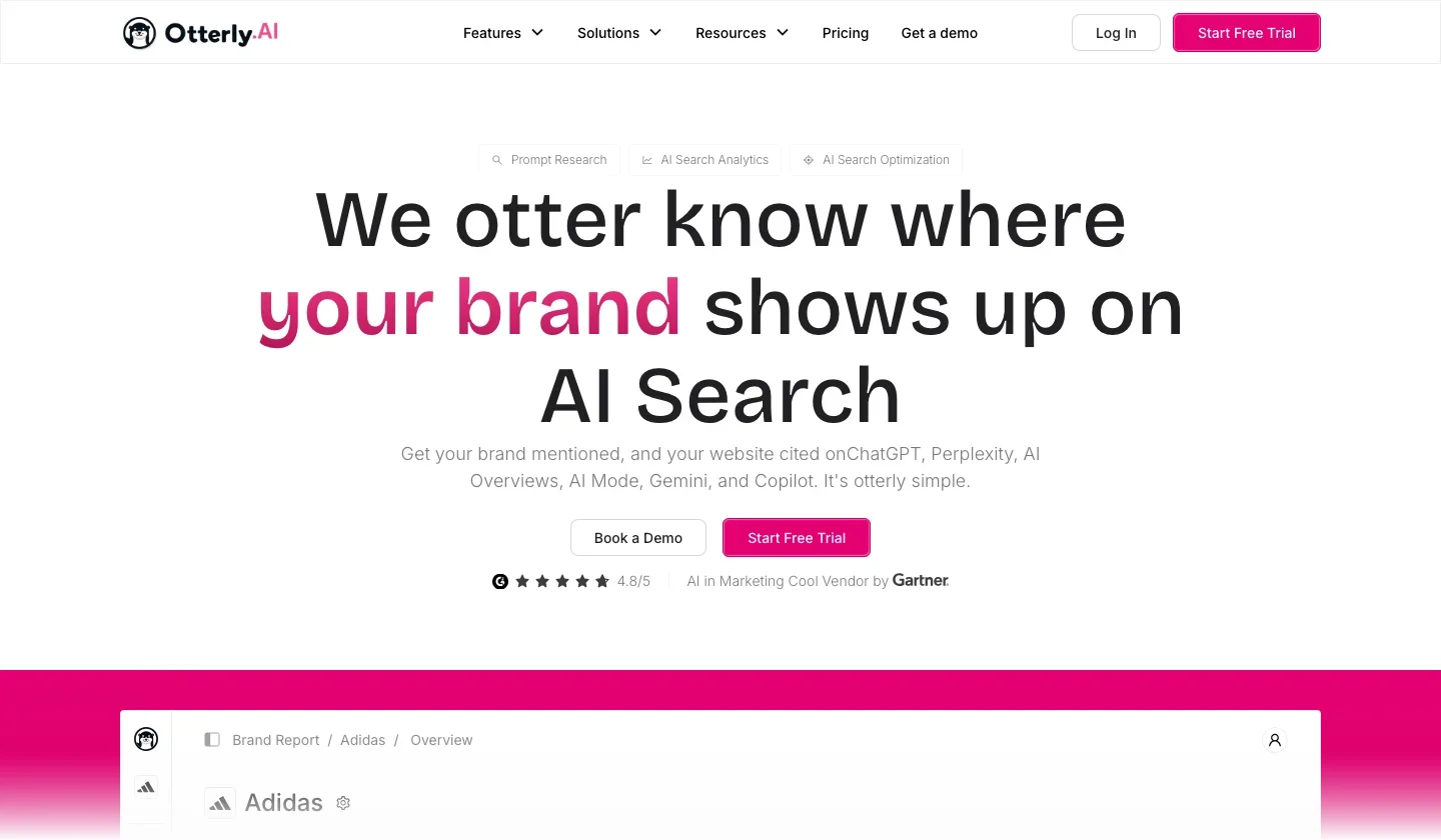 Otterly.AI homepage with the headline We otter know where your brand shows up on AI Search and a sample brand report