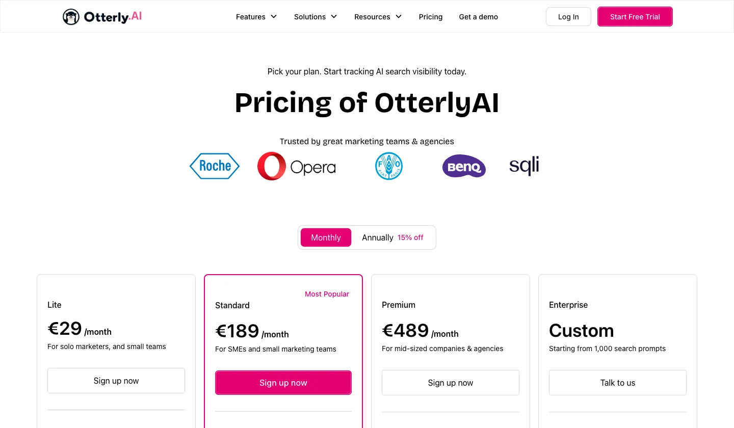 Otterly.AI pricing page showing Lite at €29, Standard at €189, Premium at €489 and Enterprise on request