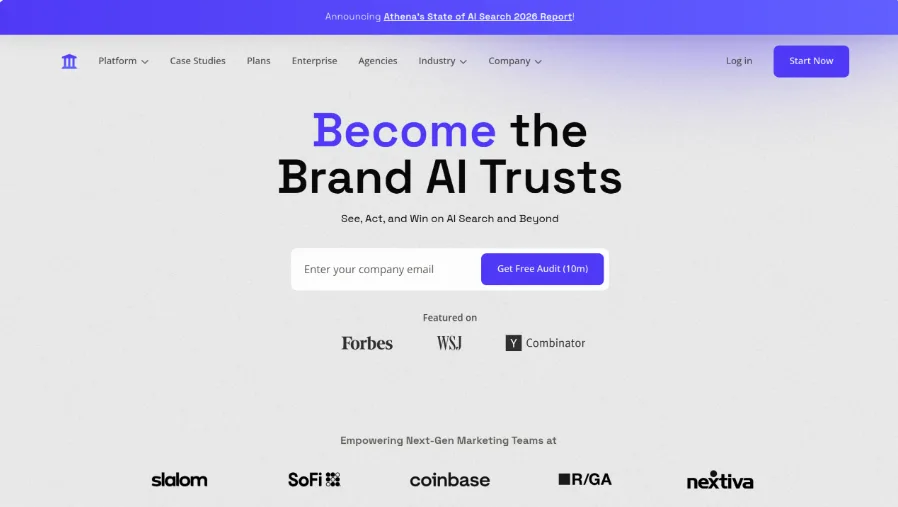 Startseite von AthenaHQ mit dem Claim Become the Brand AI Trusts und einem Feld für ein kostenloses Audit