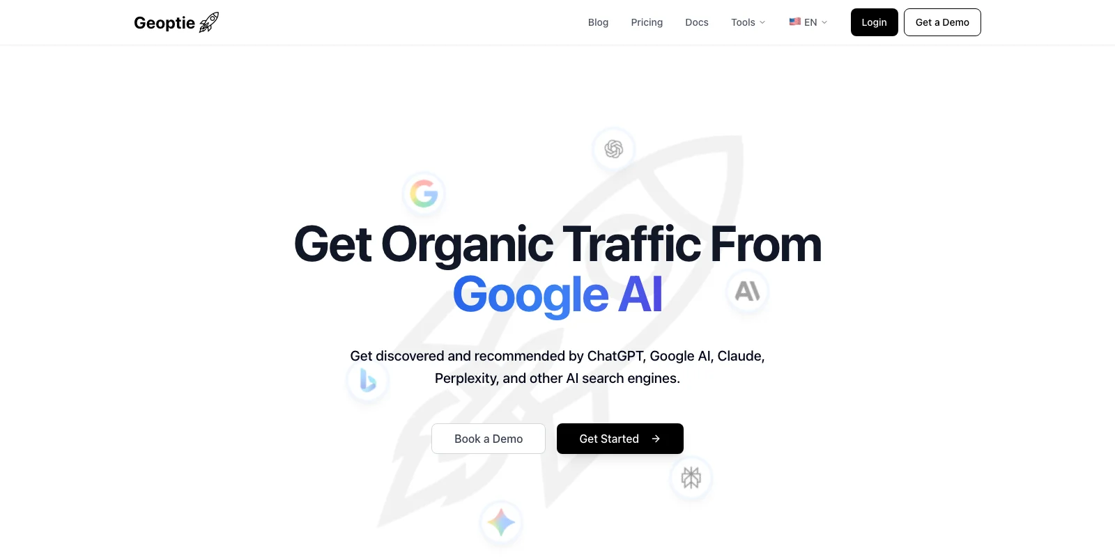 Geoptie homepage with the claim Get Organic Traffic From Google AI and icons of the supported AI engines