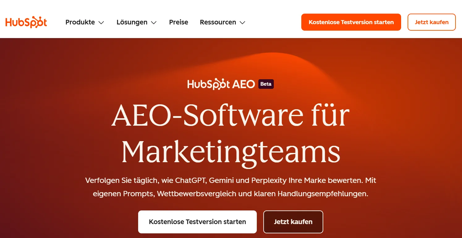 Produktseite von HubSpot AEO in der Beta mit dem Claim AEO-Software für Marketingteams