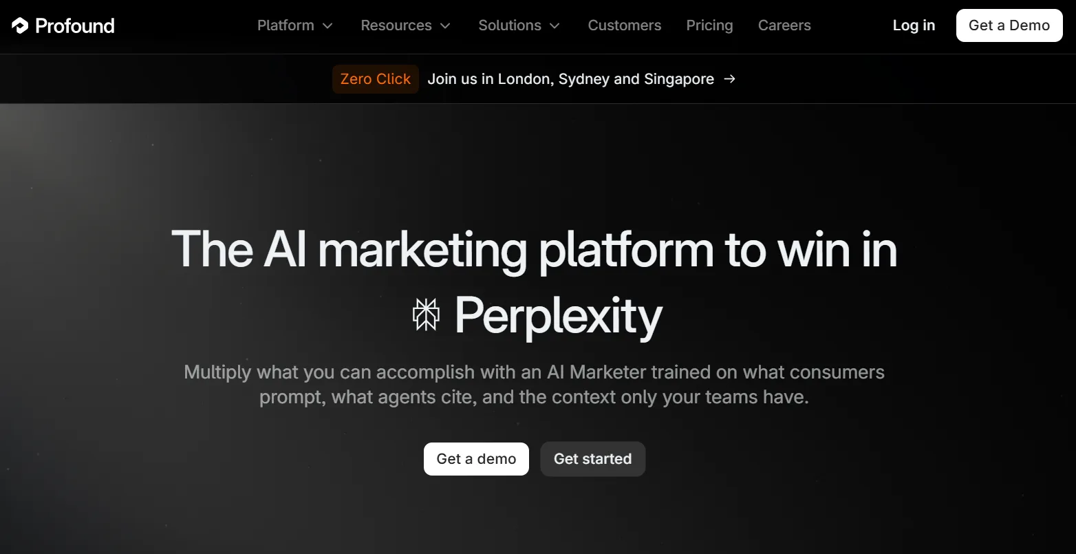 Startseite von Profound mit dem Claim The AI marketing platform to win in Perplexity