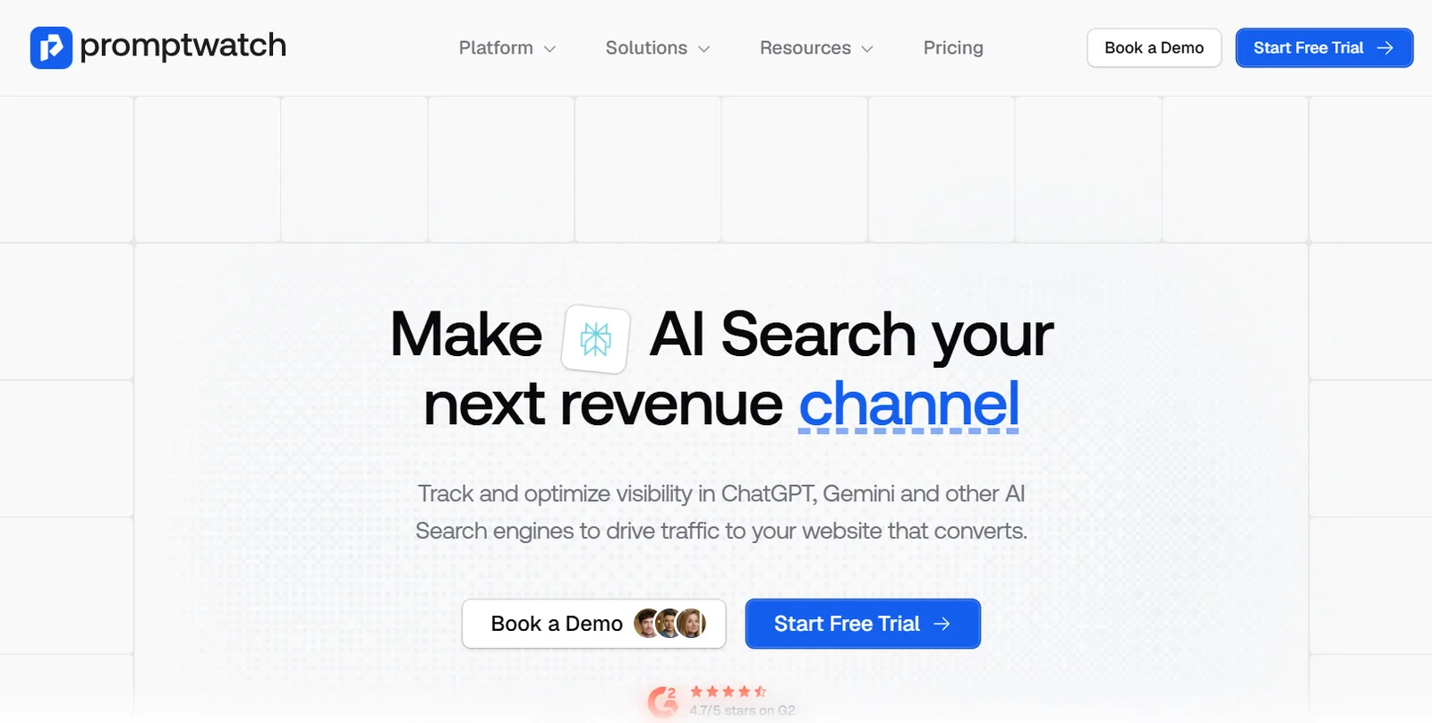 Startseite von Promptwatch mit dem Claim Make AI Search your next revenue channel