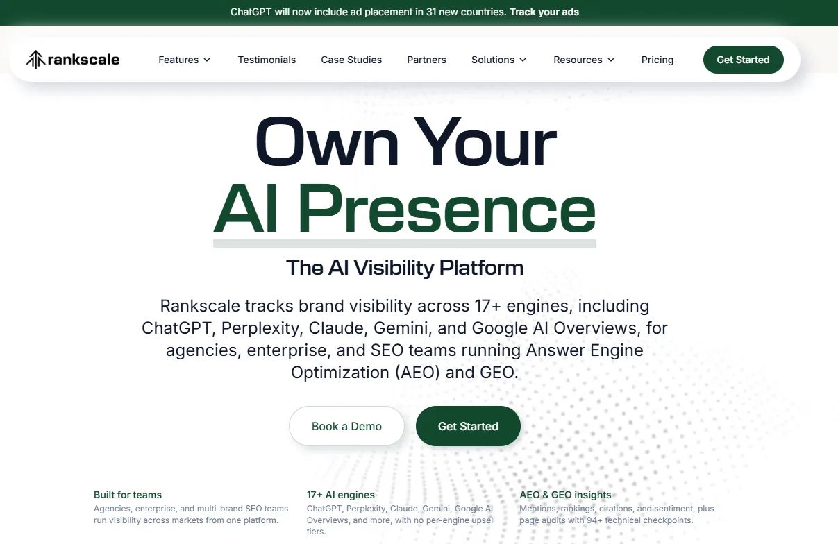 Startseite von Rankscale mit dem Claim Own Your AI Presence und dem Hinweis auf über 17 AI Engines
