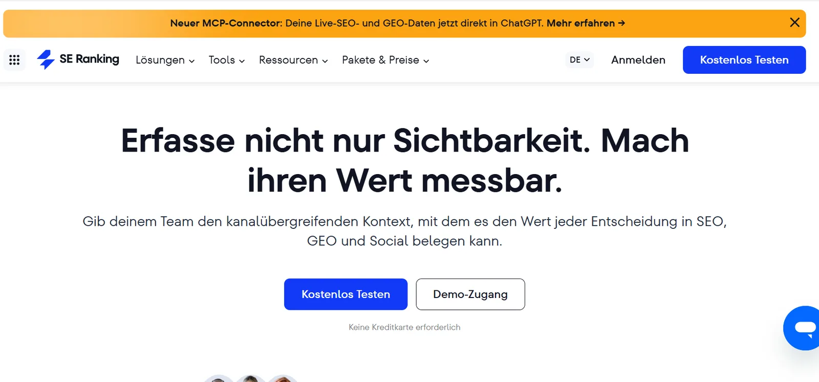 Startseite von SE Ranking mit dem Claim Erfasse nicht nur Sichtbarkeit. Mach ihren Wert messbar.