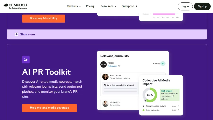 Produktseite von Semrush mit dem AI PR Toolkit, relevanten Journalisten und Collective AI Media Impact