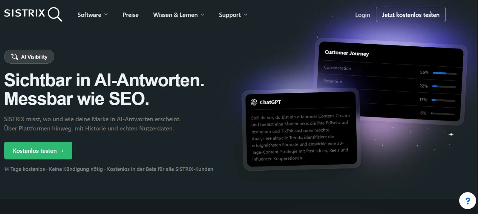 Produktseite von SISTRIX AI Visibility mit dem Claim Sichtbar in AI-Antworten. Messbar wie SEO.