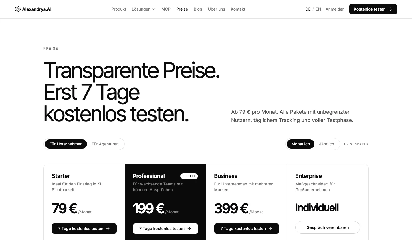 Preisseite von Alexandrya.AI mit den Tarifen Starter für 79 Euro, Professional für 199 Euro, Business für 399 Euro und Enterprise individuell