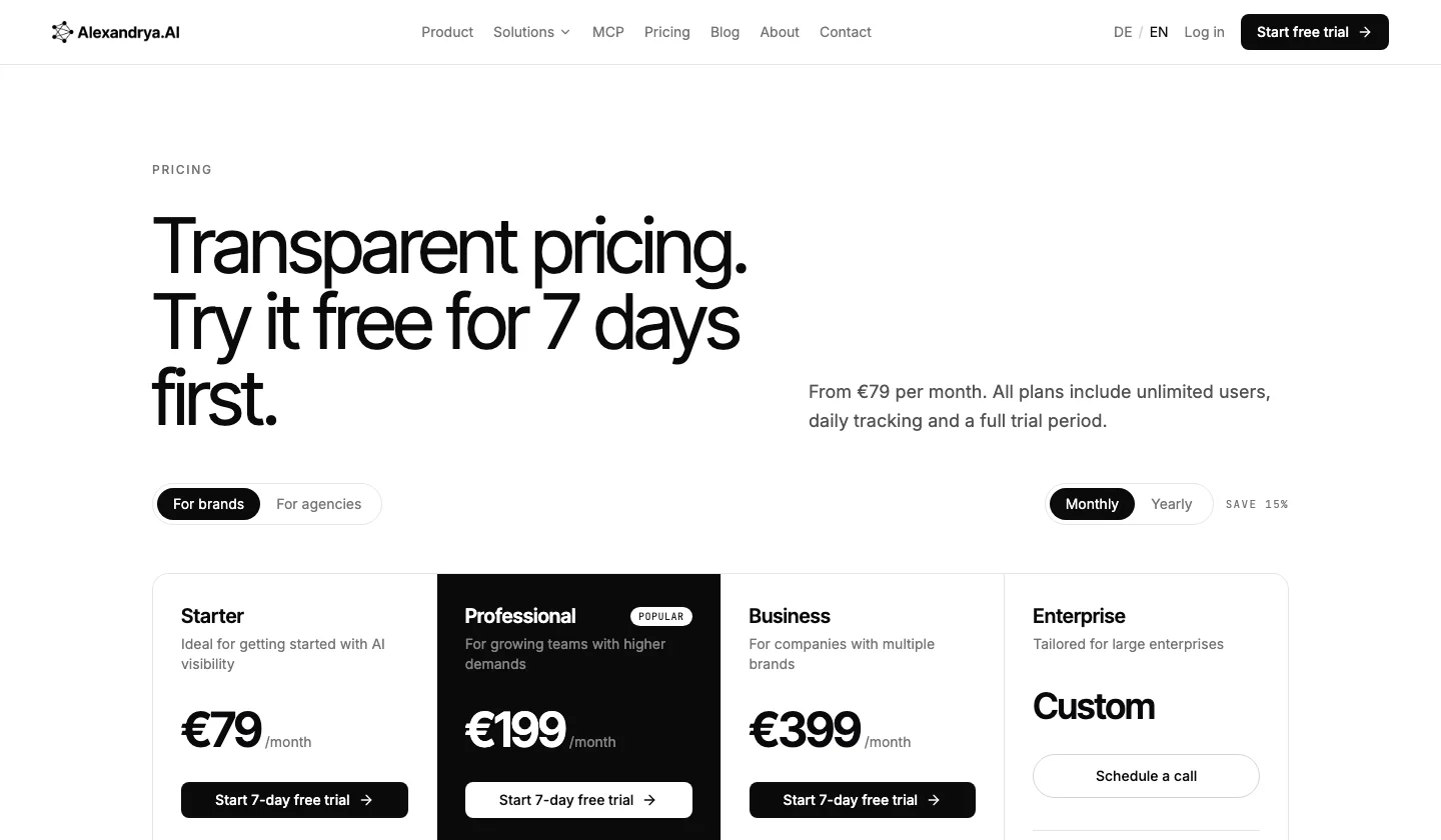Alexandrya.AI pricing page with the plans Starter at €79, Professional at €199, Business at €399 and custom Enterprise
