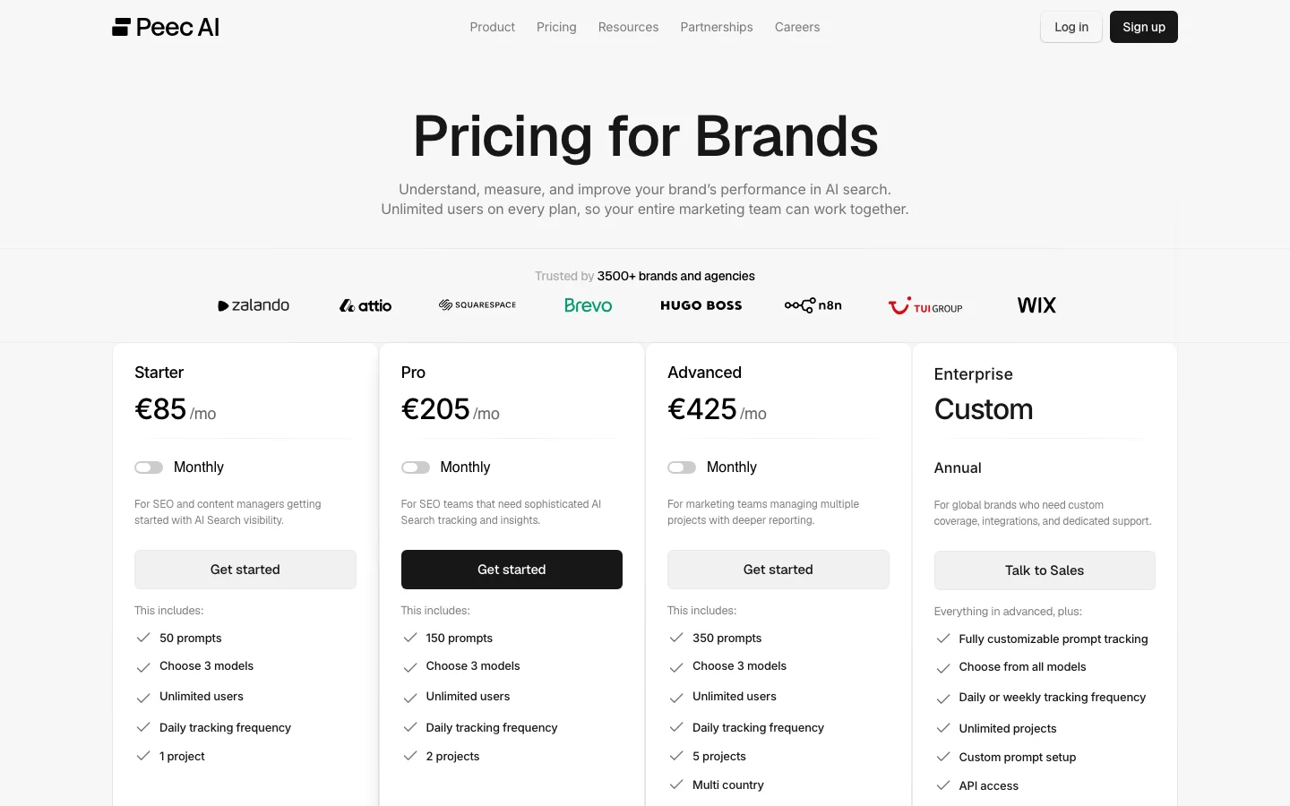 Preisseite von Peec AI mit den Tarifen Starter für 85 Euro, Pro für 205 Euro, Advanced für 425 Euro und Enterprise auf Anfrage, je mit drei wählbaren Modellen