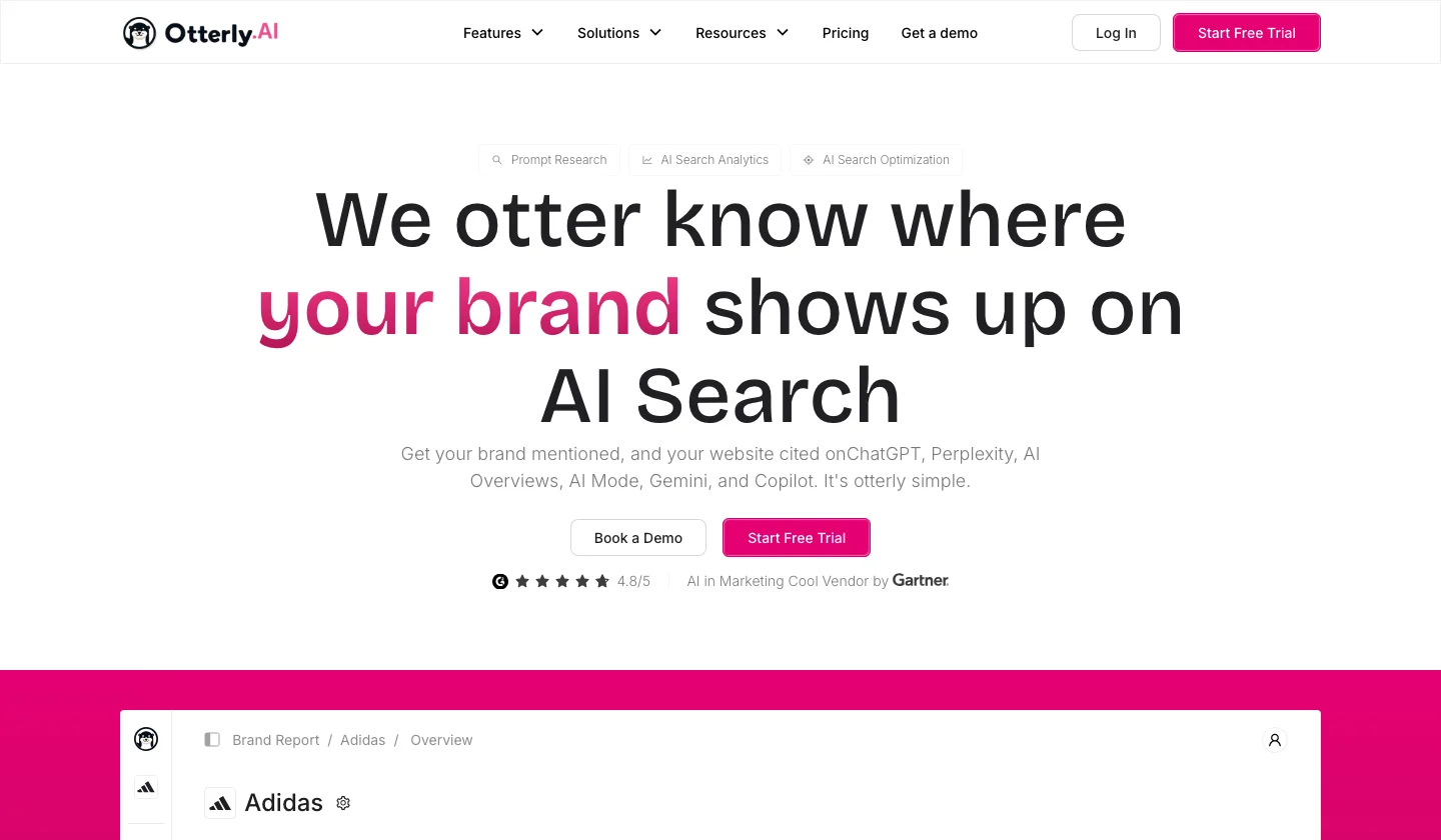 Otterly.AI homepage with the headline We otter know where your brand shows up on AI Search