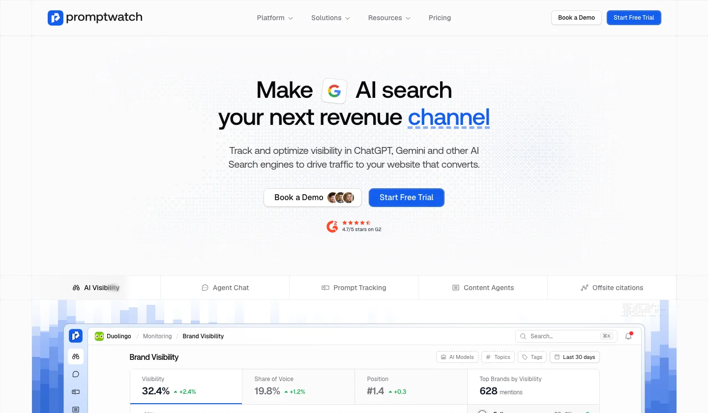 Promptwatch homepage with the headline Make AI search your next revenue channel and a brand visibility dashboard