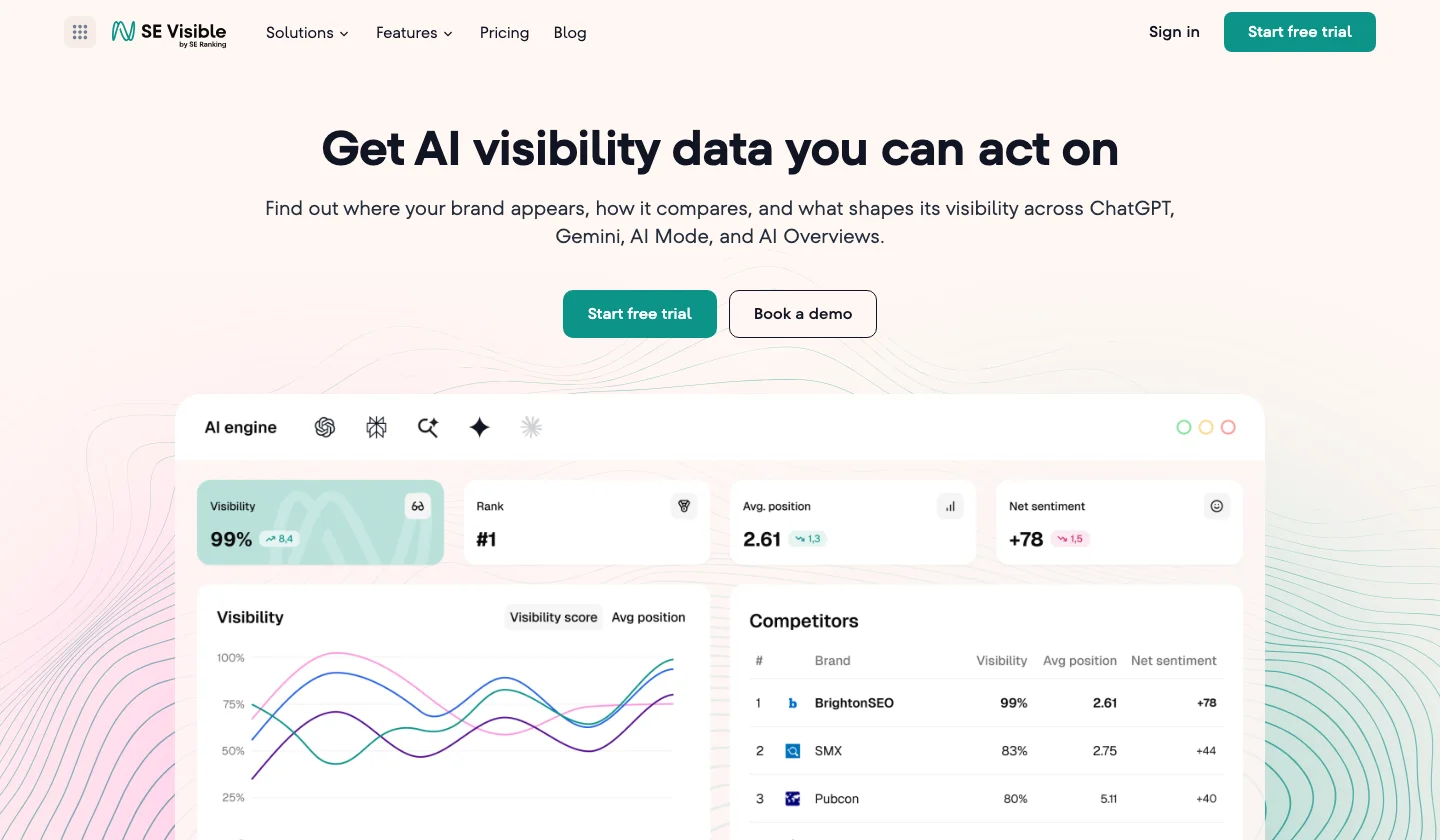 SE Visible homepage with the headline Get AI visibility data you can act on and a dashboard showing visibility and competitors