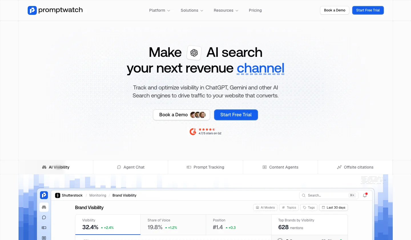 Promptwatch homepage with the claim Make AI search your next revenue channel above a brand visibility dashboard