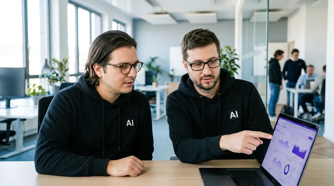 Two Alexandrya.AI team members analyzing data on a laptop