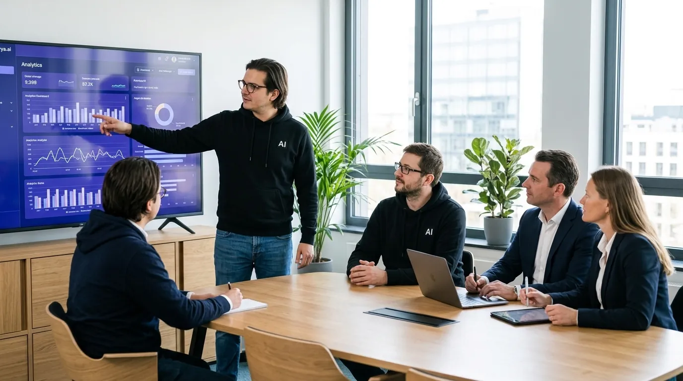 Das Alexandrya.AI Team präsentiert Kunden Auswertungen im Besprechungsraum