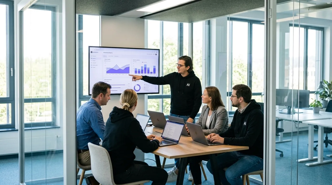 The Alexandrya.AI team in a workshop with a client in a glass meeting room