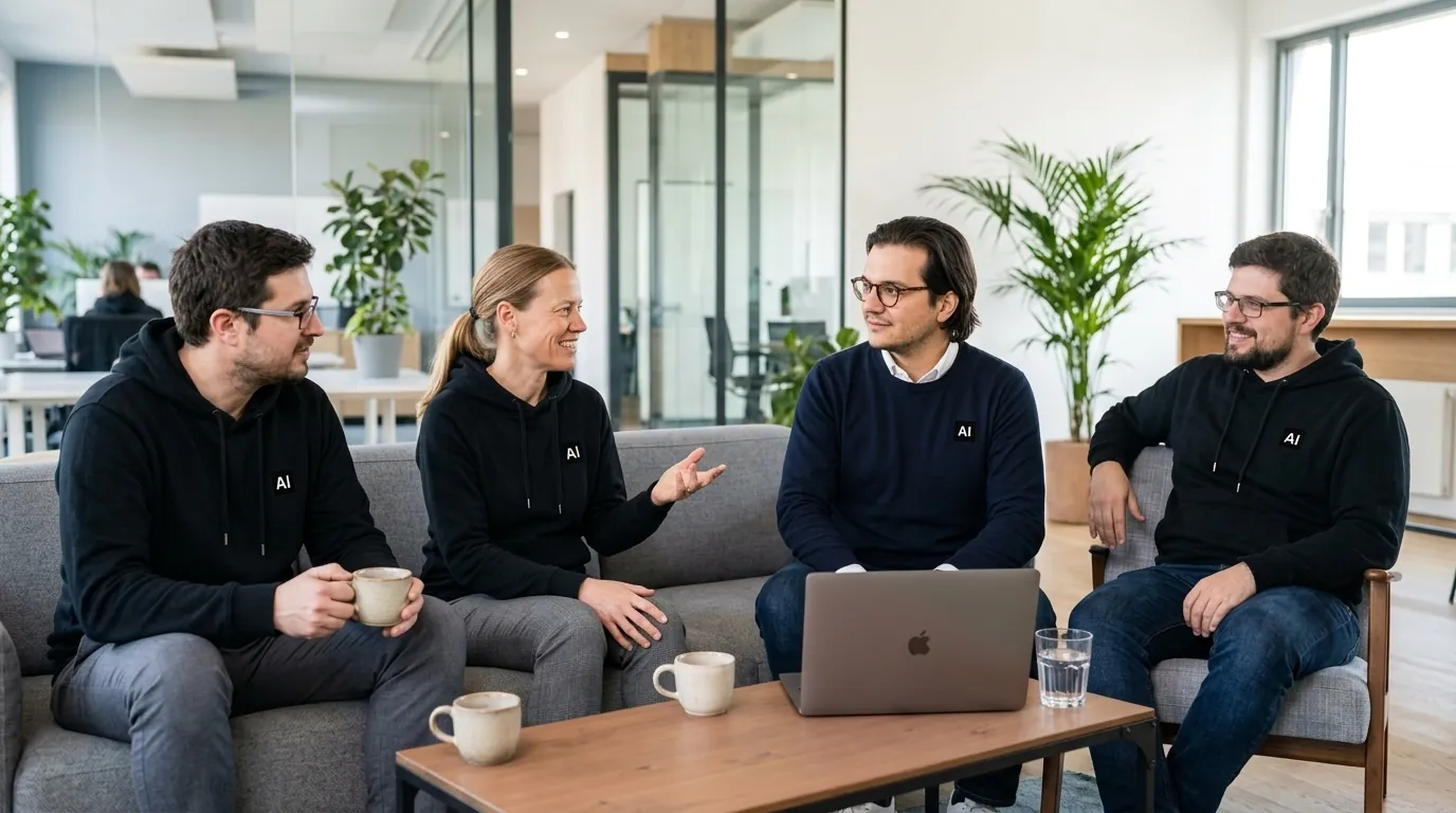 Das Team in der Lounge mit Kaffee und Laptop