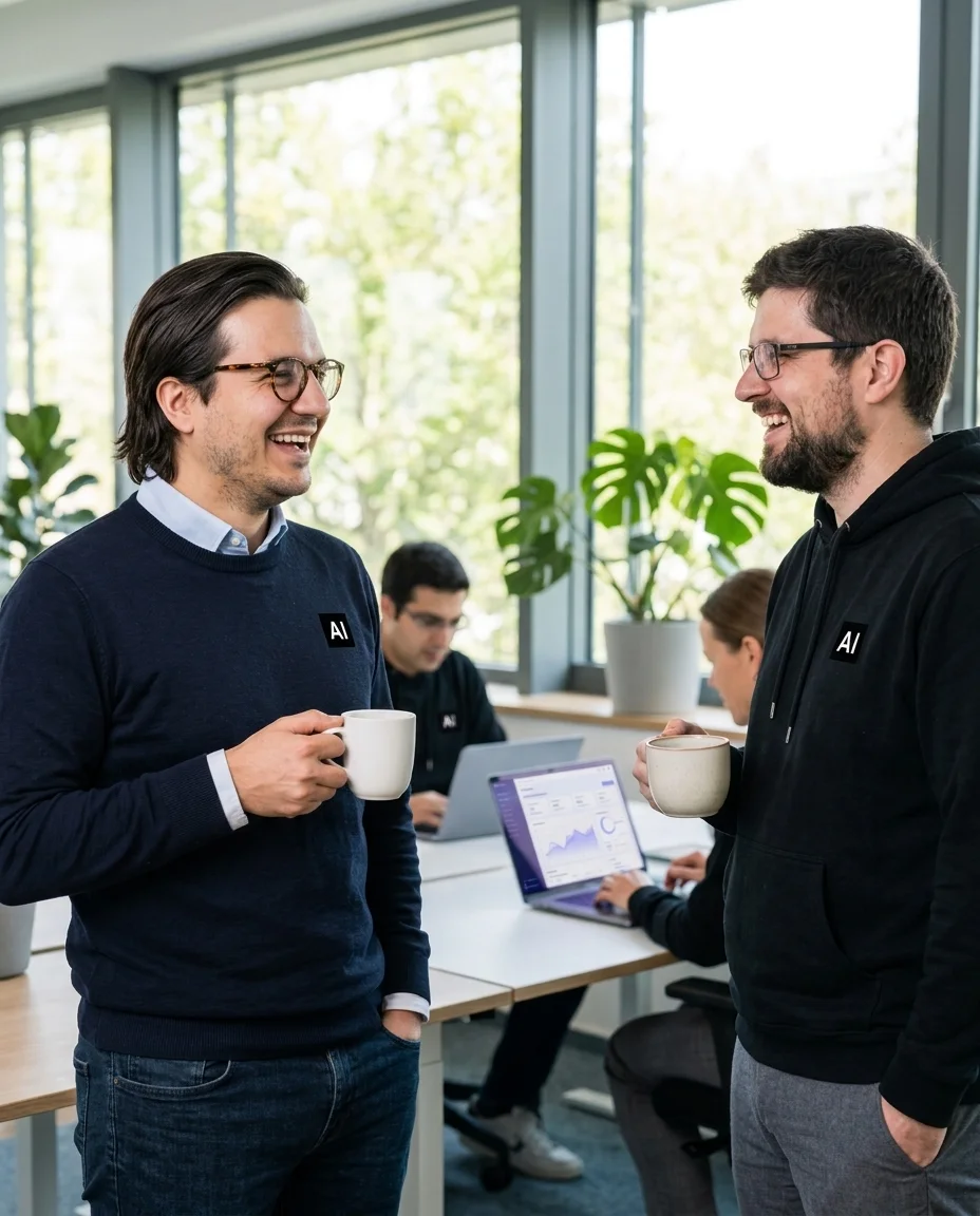 Zwei Teammitglieder lachen bei einem Kaffee