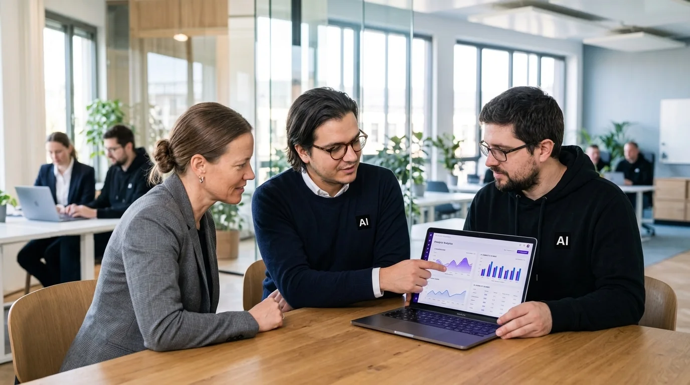 Talaal zeigt einer Kundin das Dashboard von Alexandrya.AI am Laptop