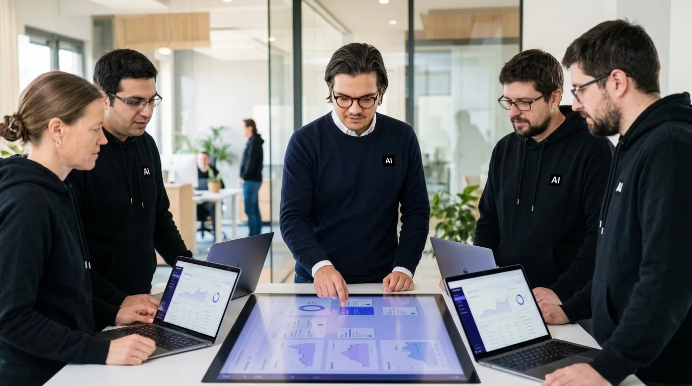 Sprint-Planung des Teams an einem Touch-Tisch