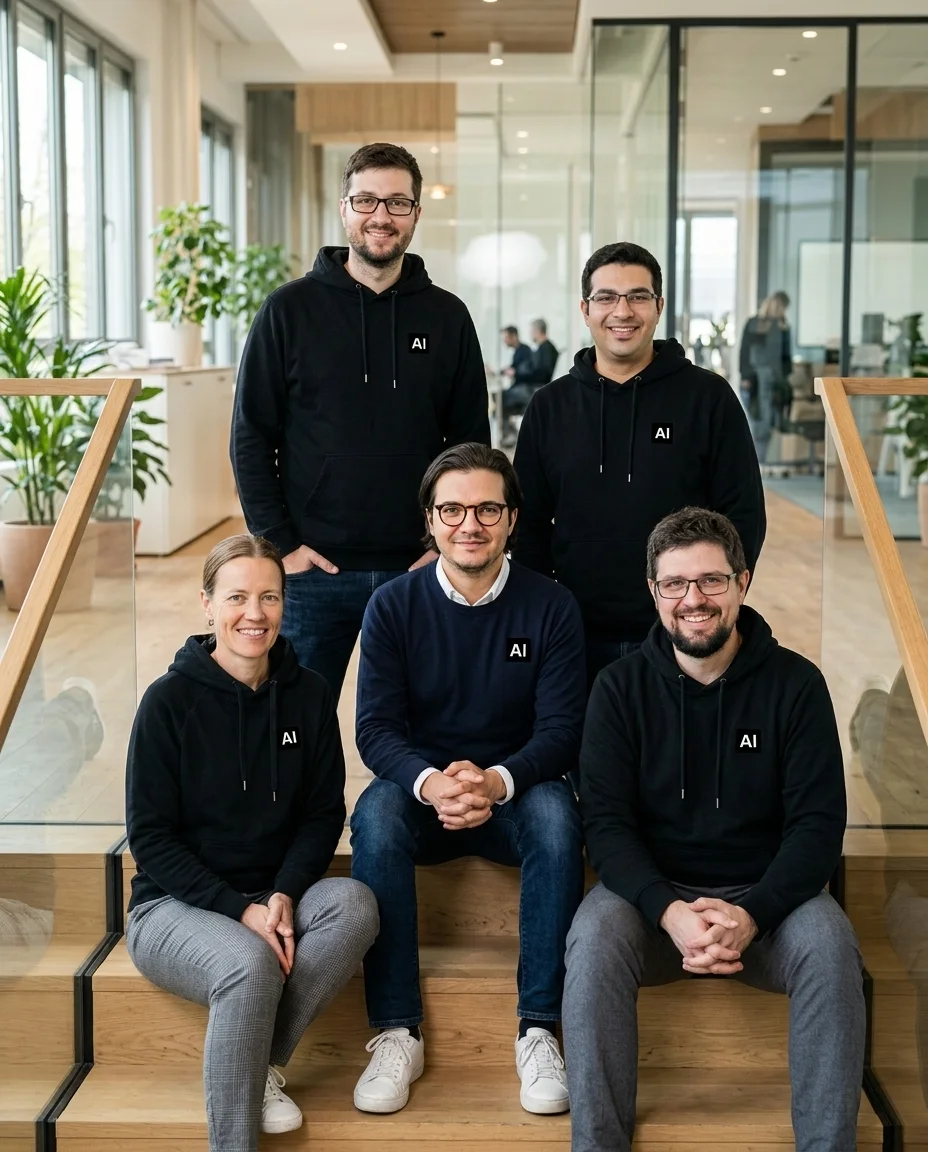 Das Alexandrya.AI Team auf einer Treppe im Büro
