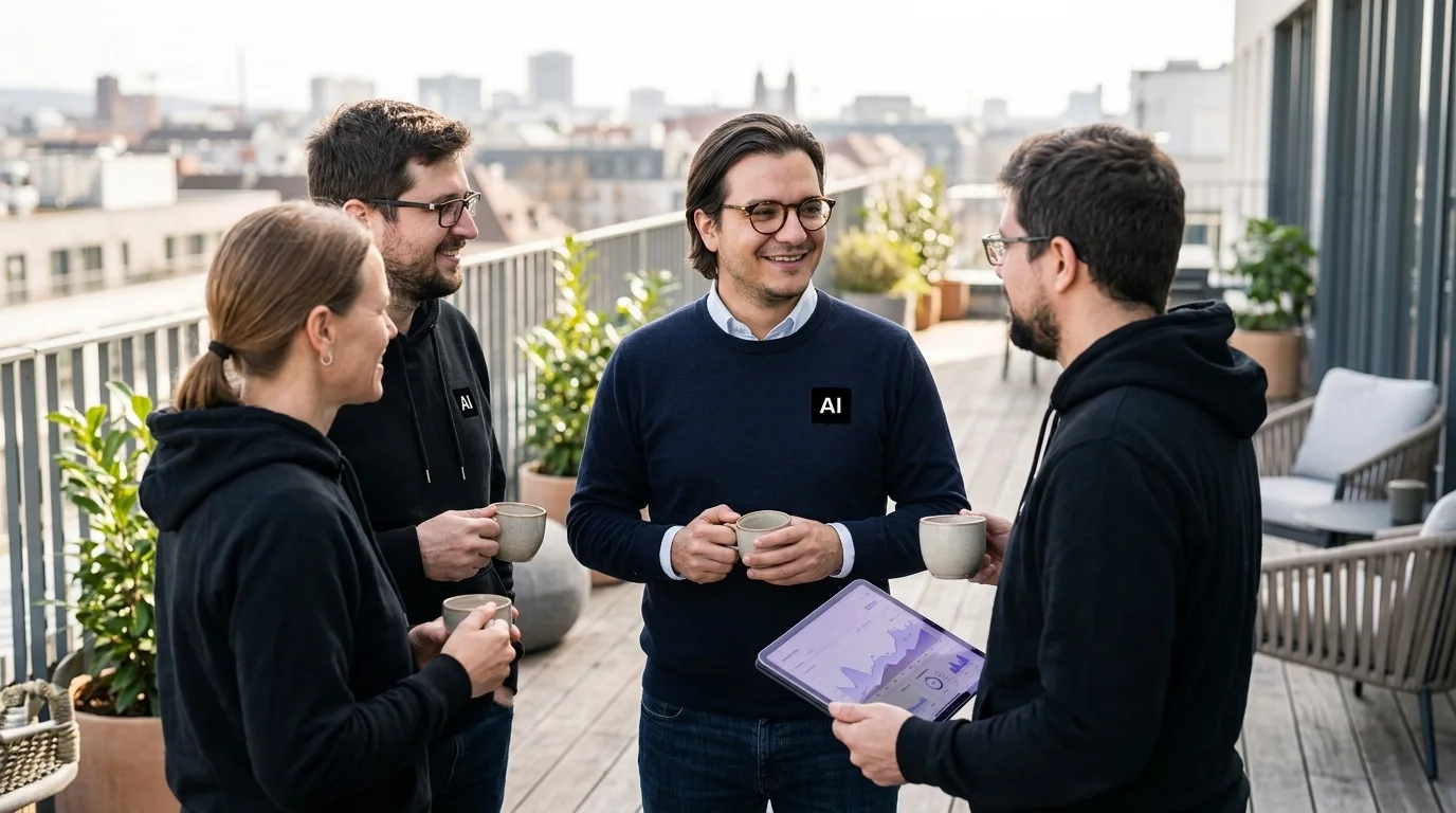Kurze Pause des Teams auf der Dachterrasse