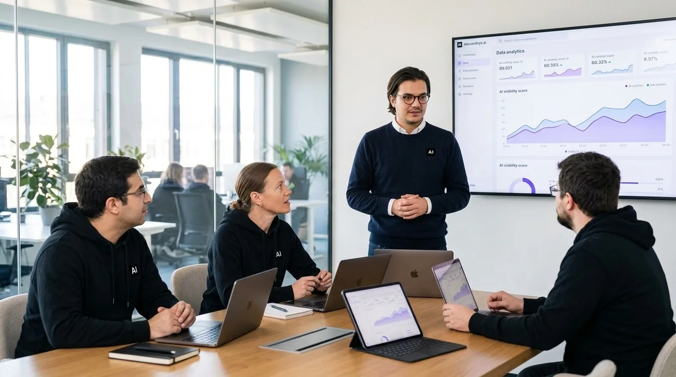 Workshop des Alexandrya.AI Teams an einem Tisch mit Laptops und Dashboard an der Wand