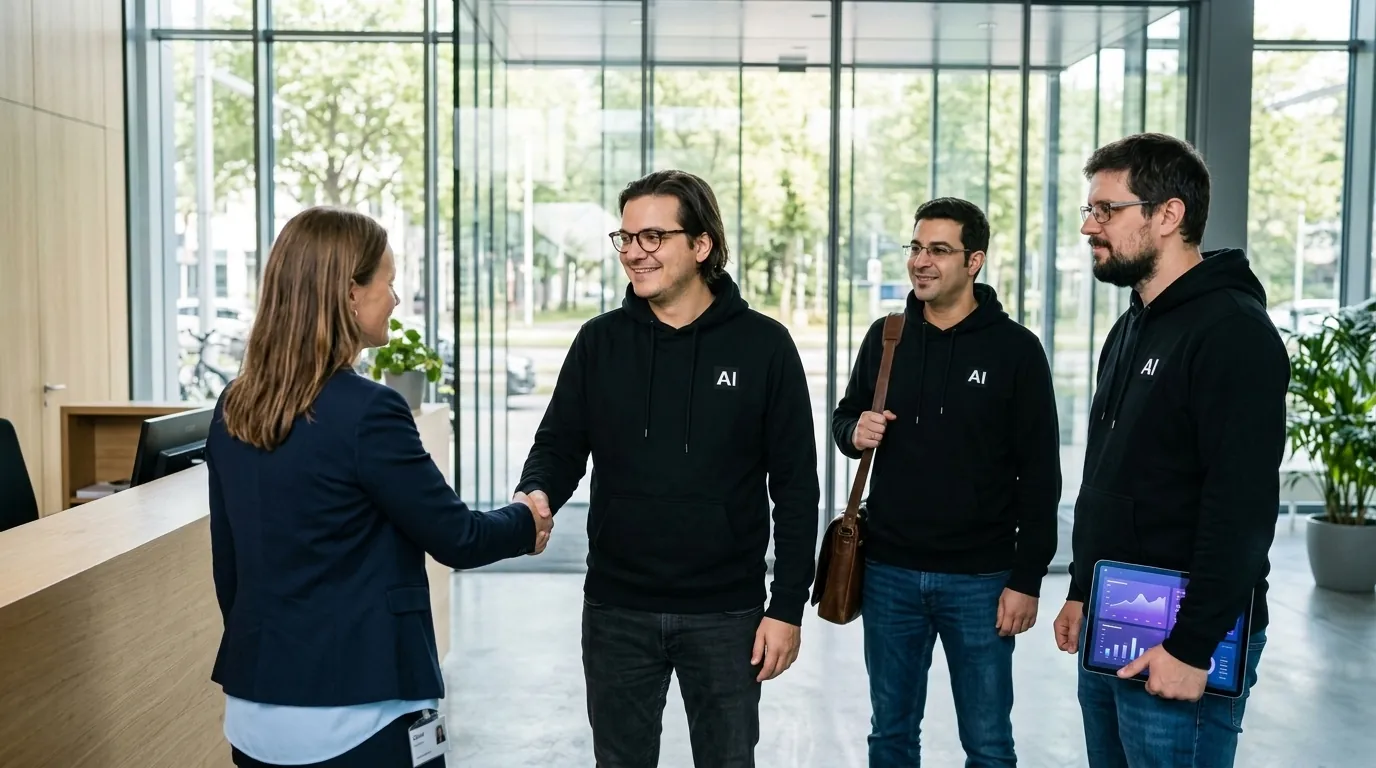 Das Alexandrya.AI Team begrüßt Kunden am Empfang