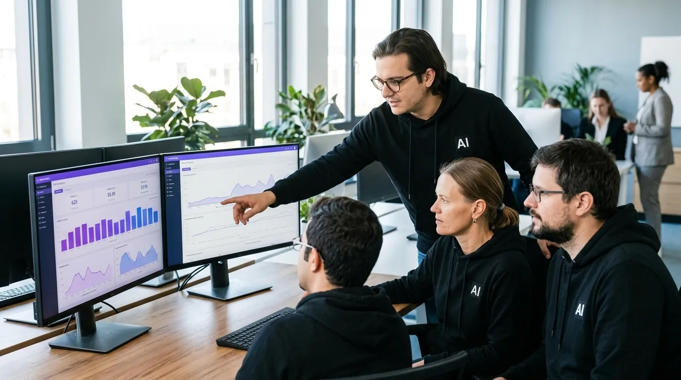 The Alexandrya.AI team working together on dashboards across two monitors