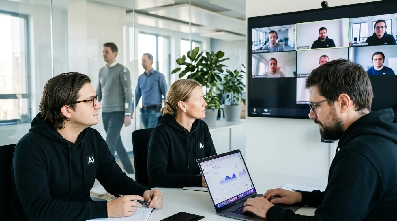Team members on a video call with a client